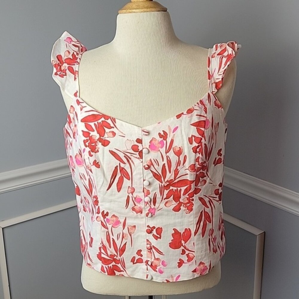 BANANA REPUBLIC Red Pink Floral Linen Blend Ruffle Smocked Cropped Bustier Top L
